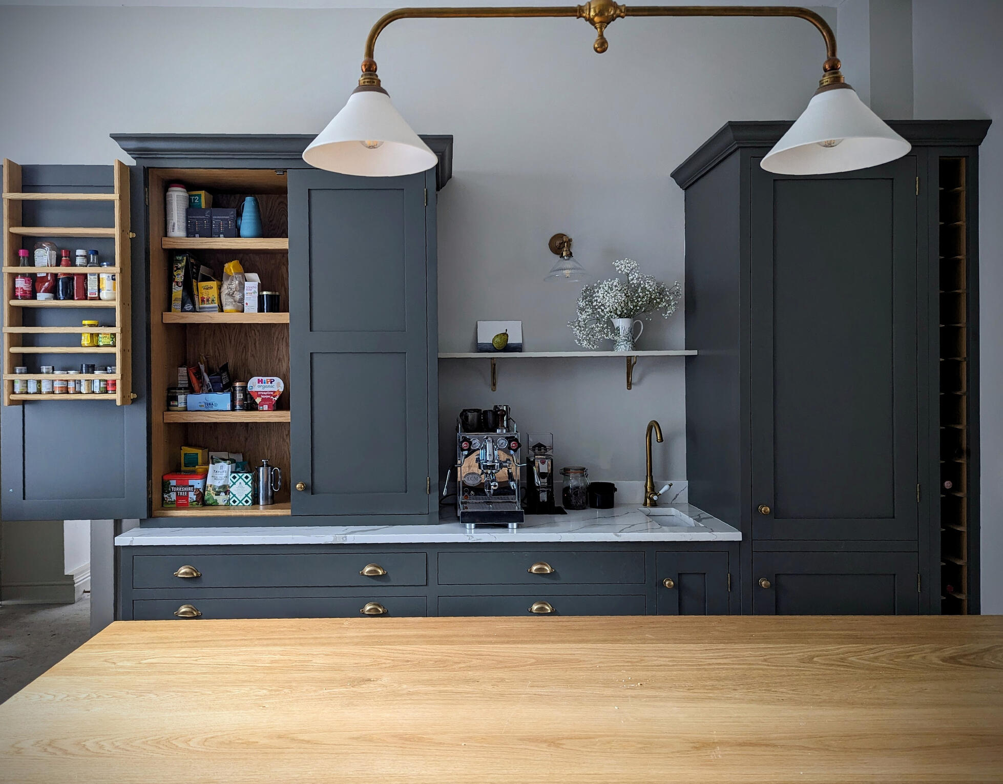 Shaker kitchen In frame shaker pantry unit. Solid timber and made by Joshua howard joinery in leeds