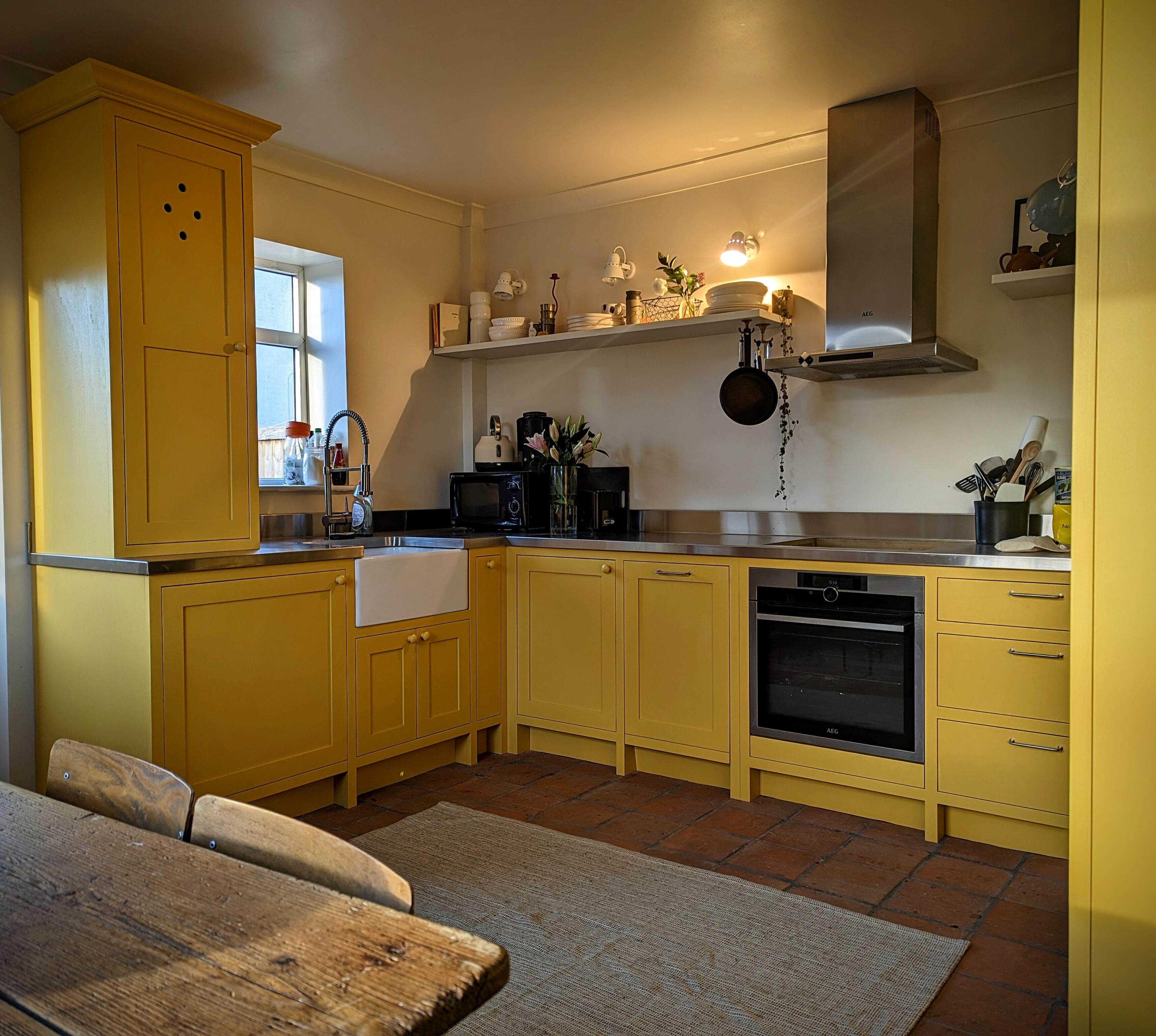 Shaker kitchen In frame shaker kitchen handmade by Joshua howard joinery. Hand painted in little greene pink yellow
