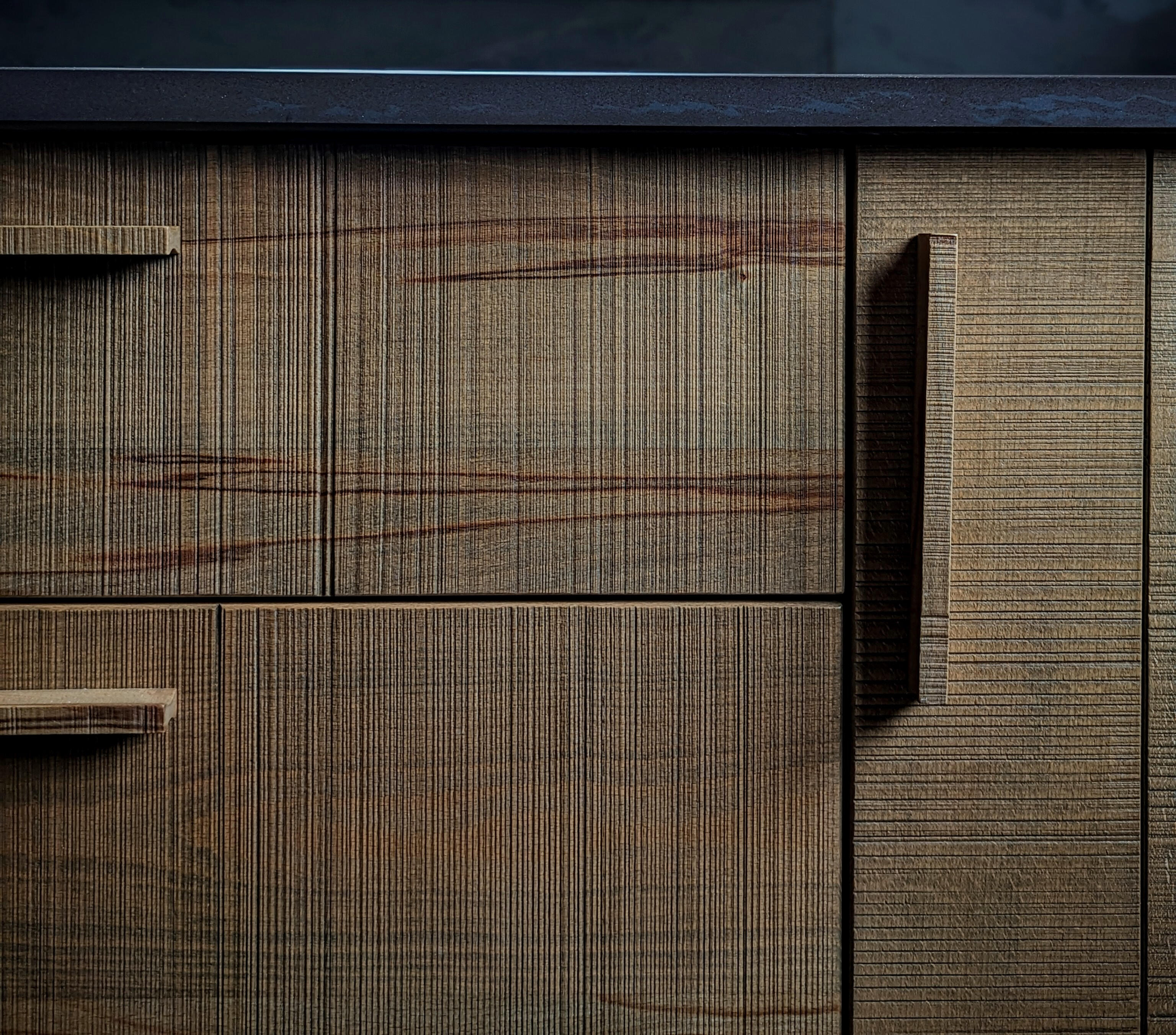 Shaker kitchen Bandsawn textured door and finger pull. Handmade by Joshua howard joinery in Yorkshire