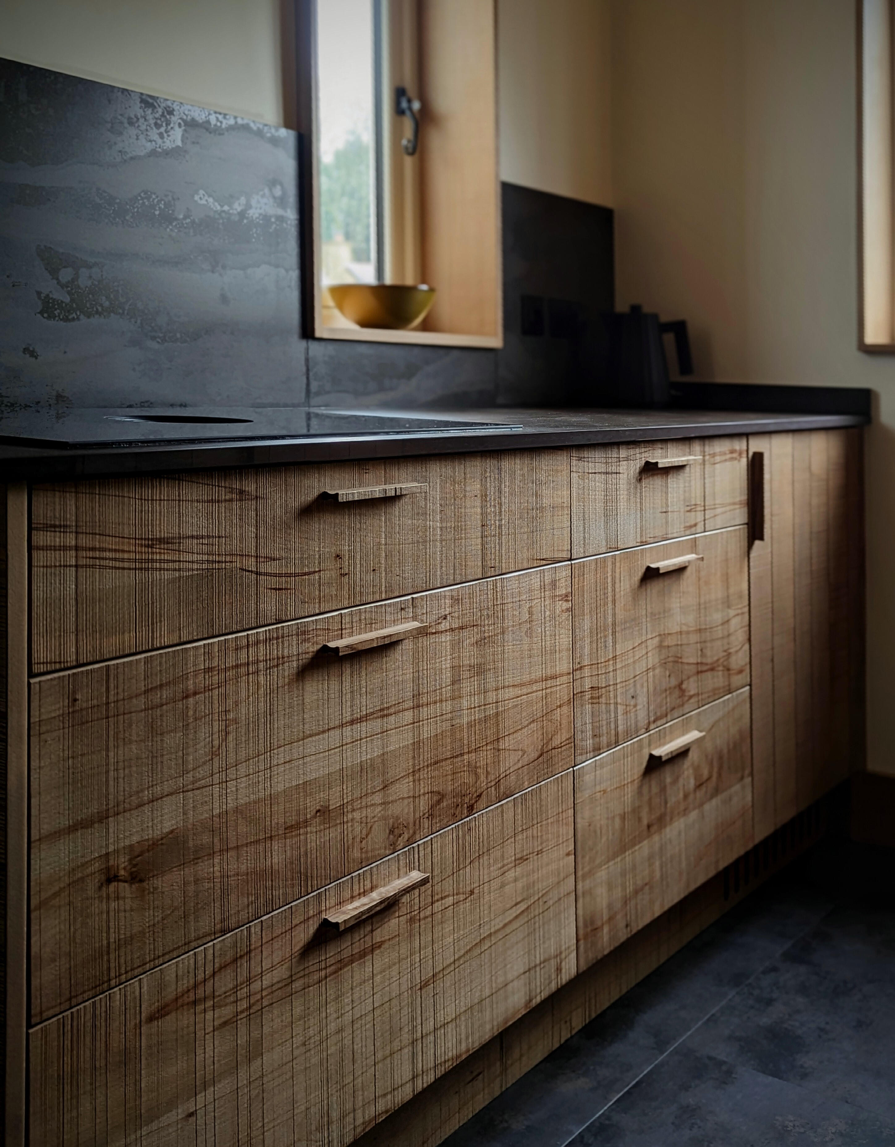 Shaker kitchen Bandsawn textured kitchen made by Joshua howard joinery in Yorkshire. Made from solid beech and birch plywood.