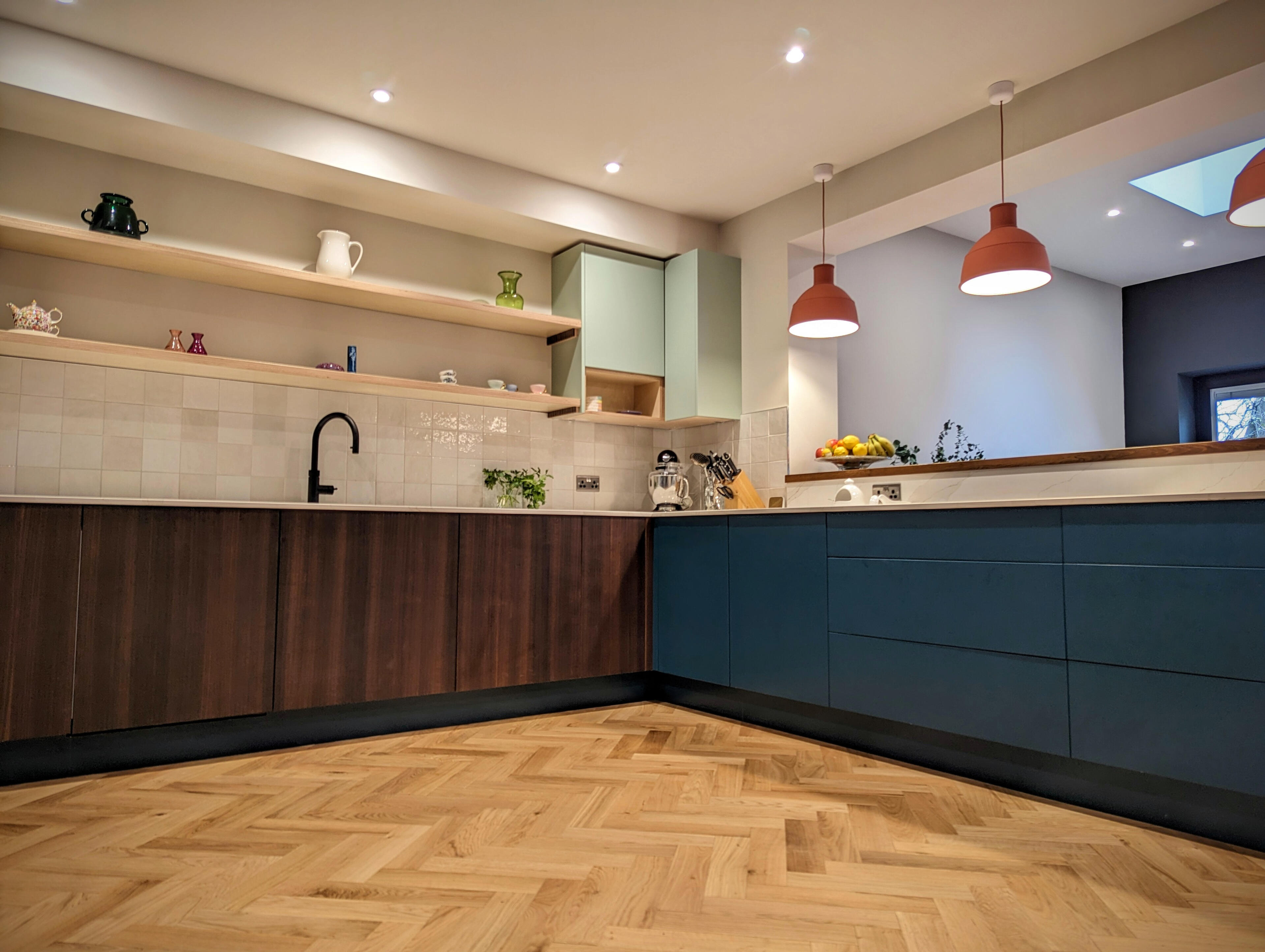 Contempary kitchen Fumed eucalyptus and sprayed kitchen handmade by Joshua howard joinery in Leeds yorkshire