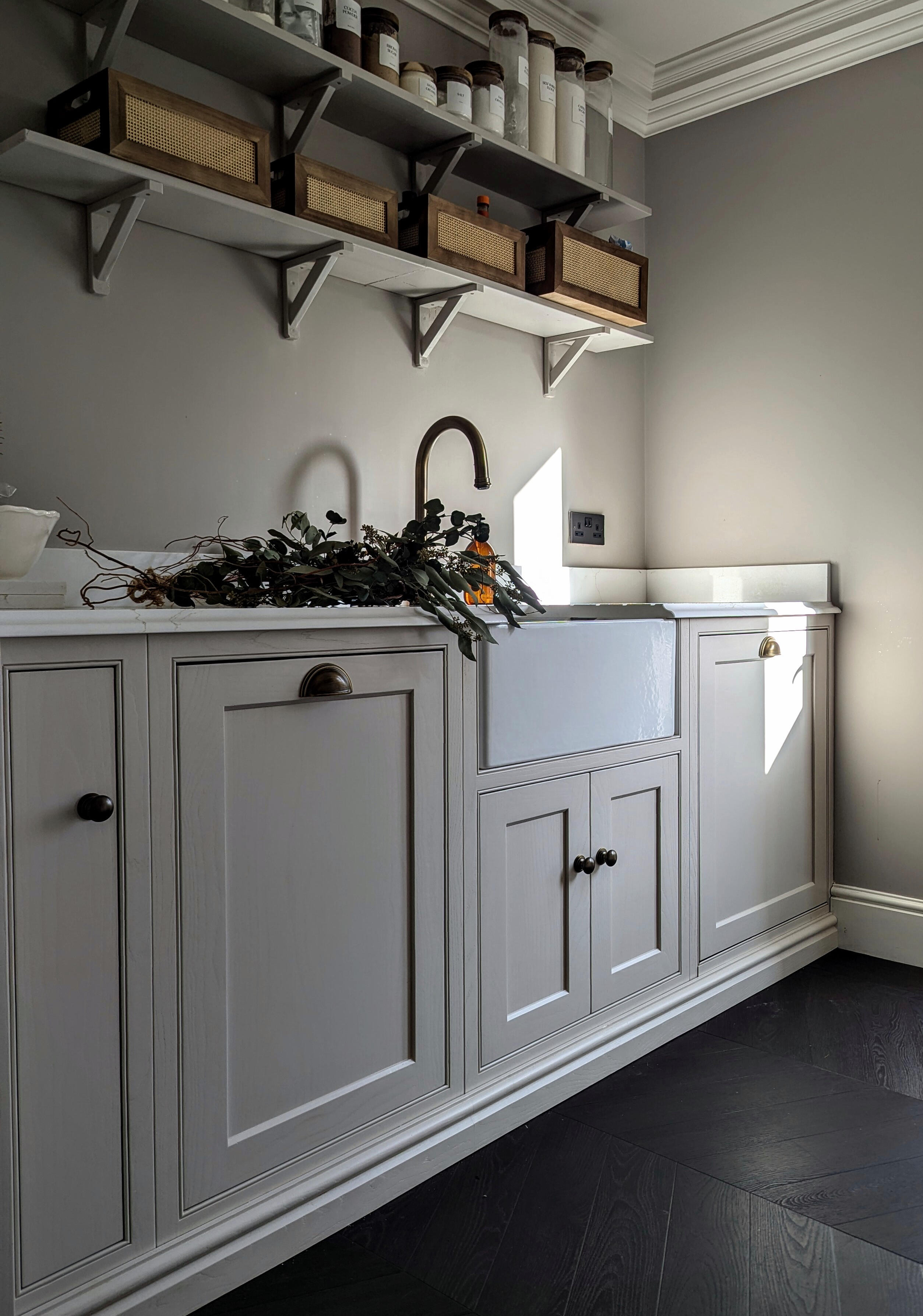 Shaker kitchen In frame beaded shaker cabinets with Belfast sink. Solid ash kitchen handmade by Joshua howard joinery in Leeds.