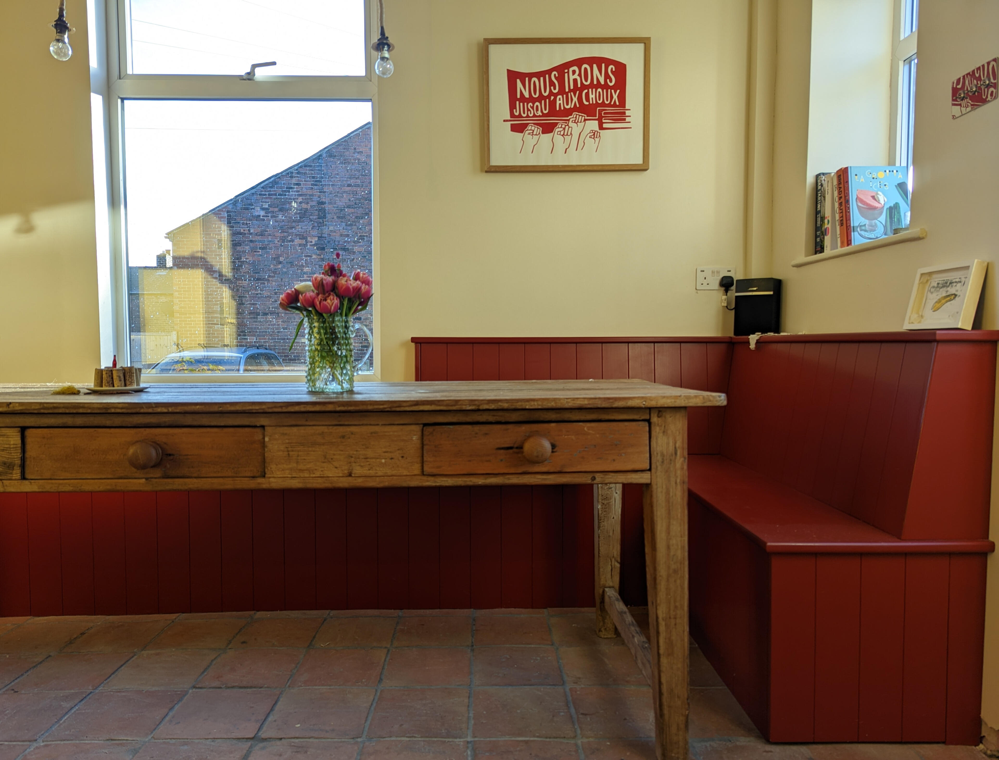 Contempary kitchen Bespoke bench seating with built in storage in horbury with antique dining table